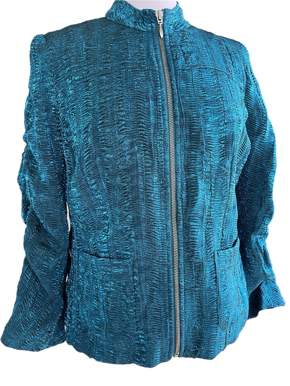 Chico’s Deep Teal Crinkled Long Sleeve Zip-Up Jacket Vintage 90’s Women’s Sz 1